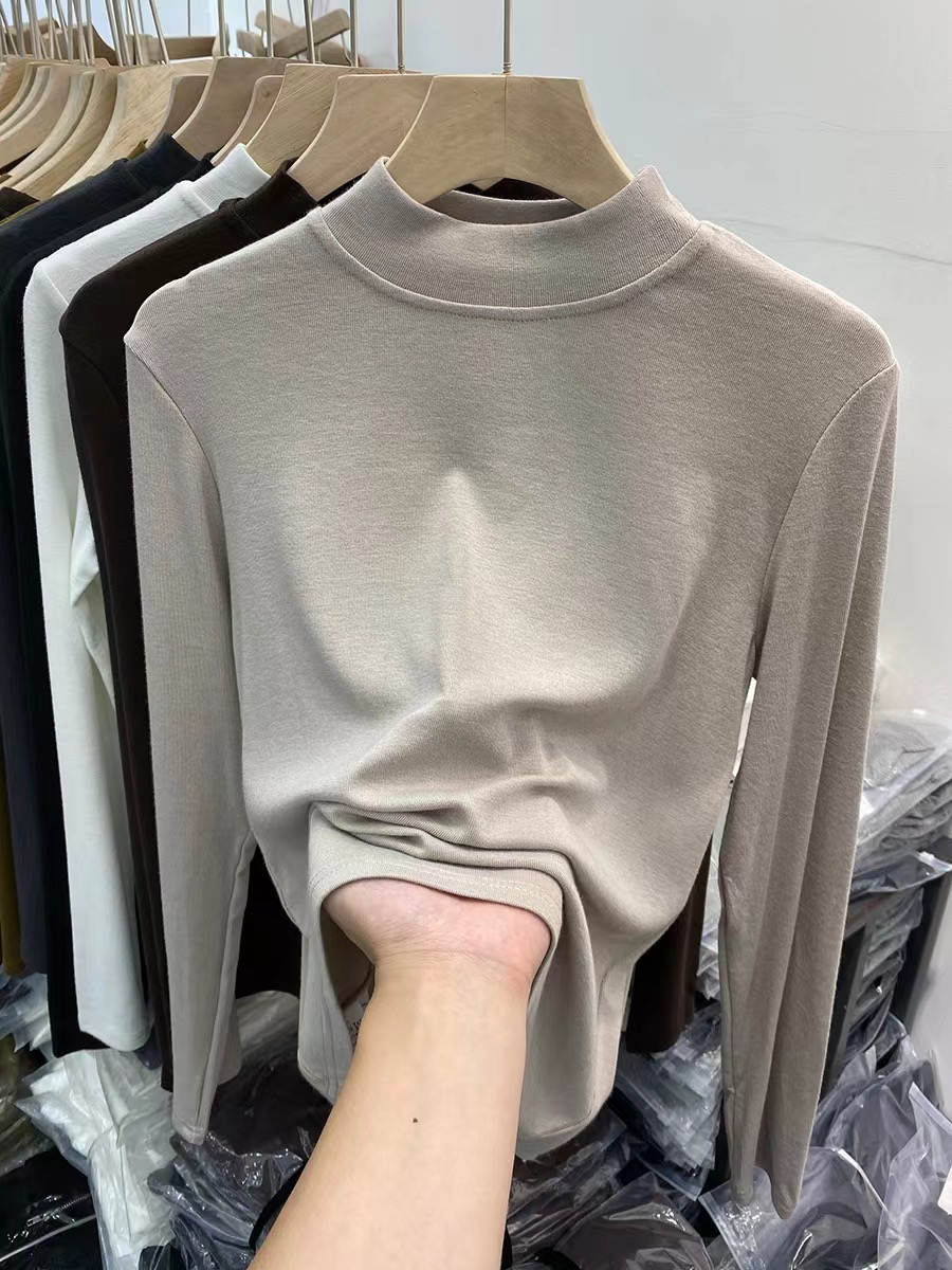 2023 new style semi-high round neck long-sleeved T-shirt women's cashmere slim autumn and winter inner layering shirt ins top