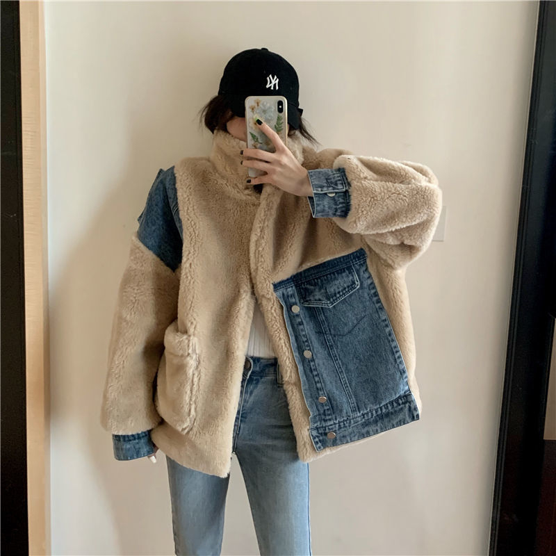 Official picture of lambswool 300g pure cotton denim quality 200kg large size plus fleece jacket for women