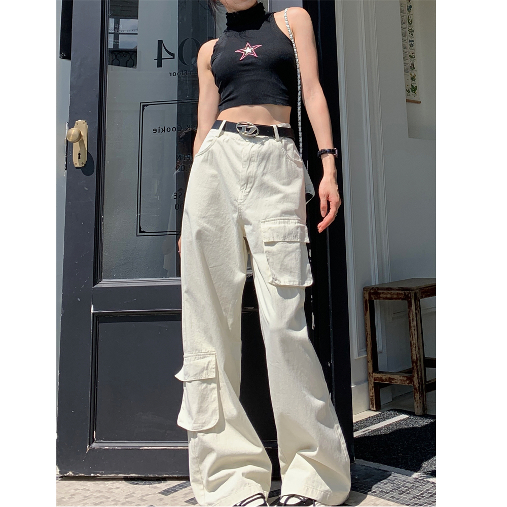 American overalls, casual pants, women's autumn high-waisted, slim and drapey floor-length wide-leg pants, trendy long pants