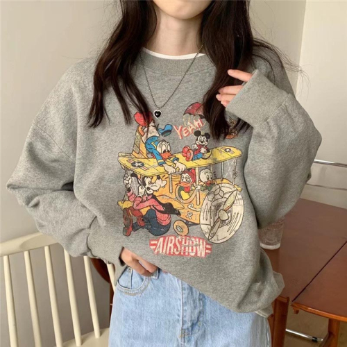 Official picture Korean version  autumn and winter round neck Disney cartoon pattern sweatshirt for women loose and fun versatile top