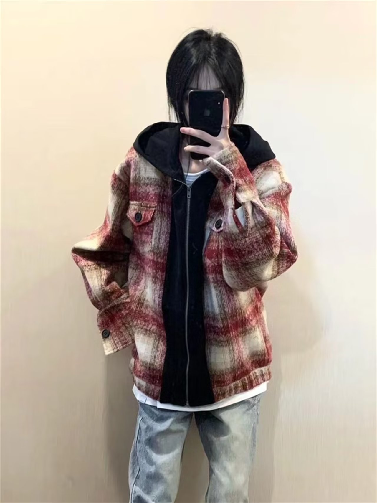 American retro fake two-piece hooded baseball uniform for women in spring and autumn niche high-end design red woolen jacket trendy
