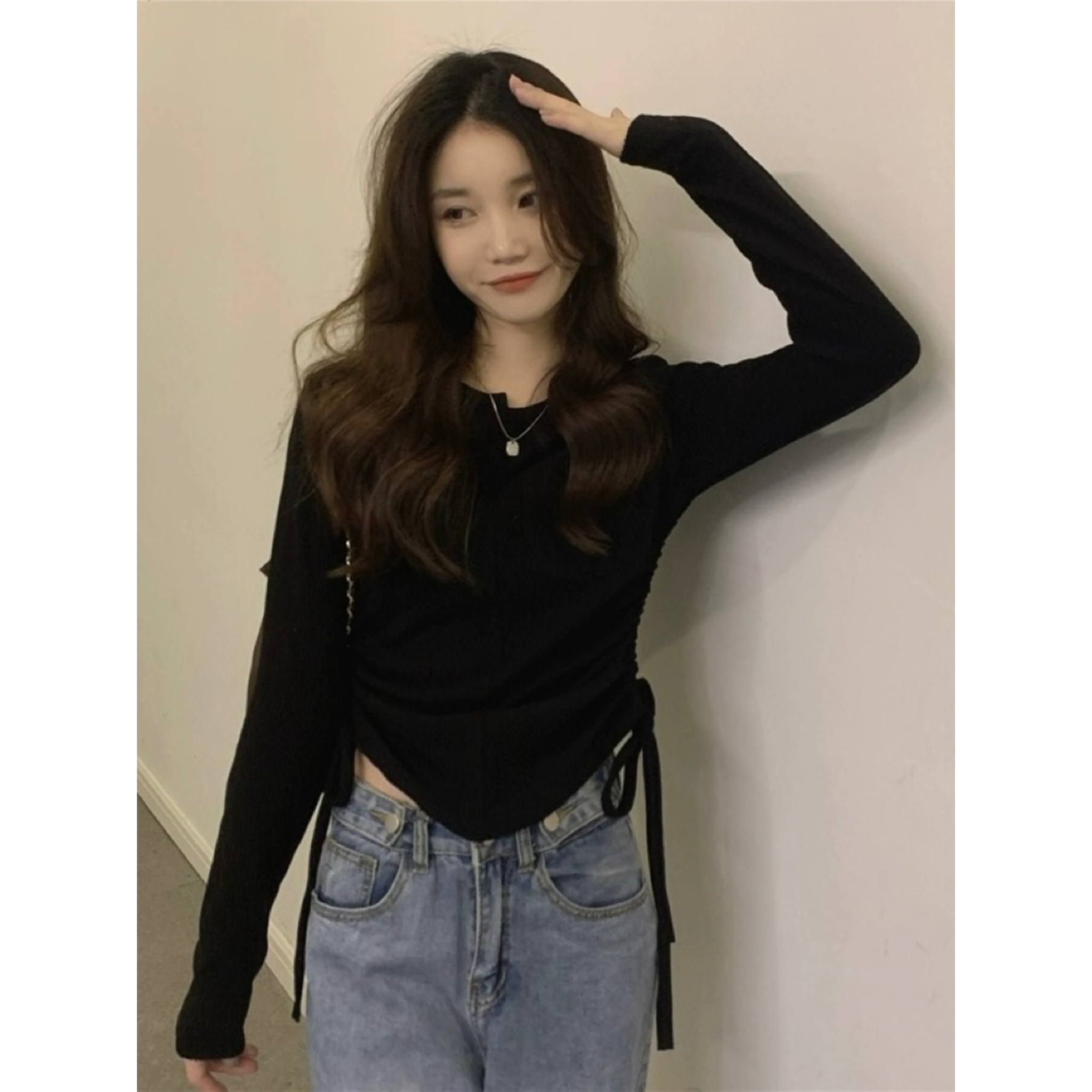 Real shot!  Autumn and winter design long-sleeved knitted tops for women Korean style asymmetrical round neck side drawstring bottoming shirt