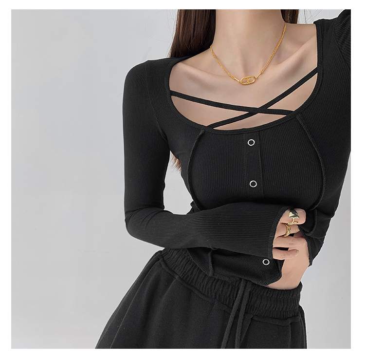 Back-stitched front cross-tie bottoming shirt for women single-breasted long-sleeved T-shirt hot girl top