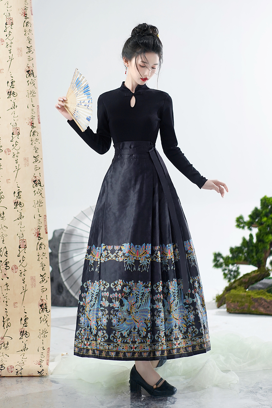 Actual shot of horse-faced skirt two-piece improved Hanfu suit for small people to make them look taller and slimmer