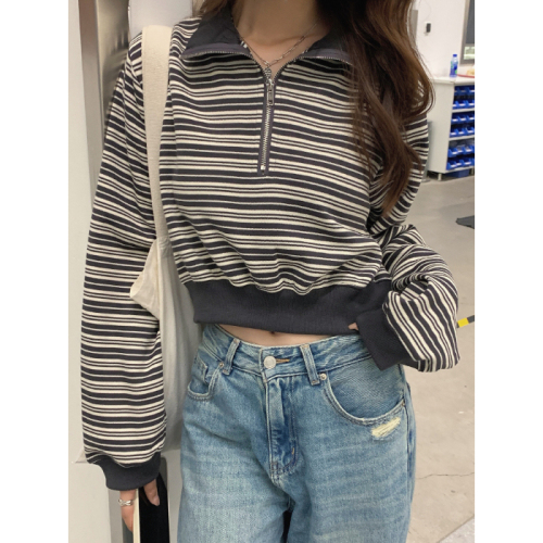 Real shot of half-zip stand-up collar striped short pullover sweatshirt for women  spring and autumn new long-sleeved top