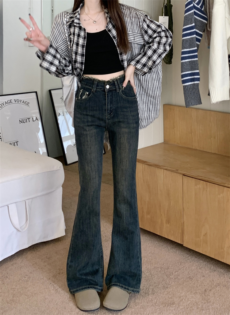 實拍 ~美式復古辣妹牛仔褲女高腰顯瘦垂感微喇毛邊拖地長褲