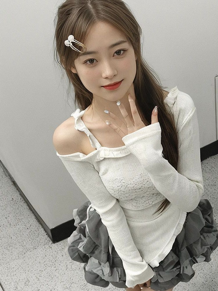 早秋長袖白色t恤純欲甜酷辣妹風女領修身顯瘦收腰上衣