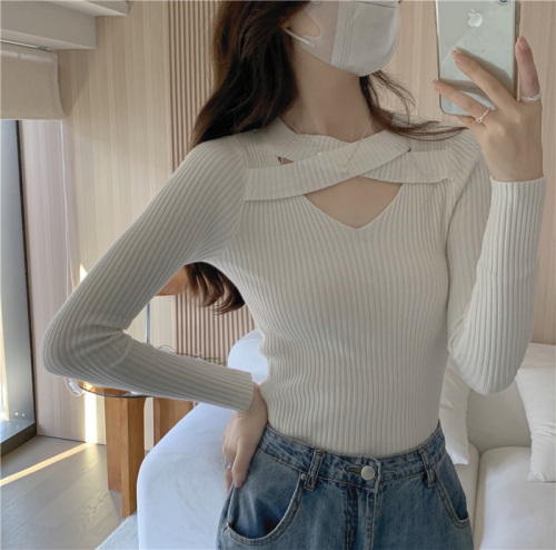 Actual shot ~ core-spun yarn half-turtleneck sweater for women, fashionable and stylish button-down long-sleeved top bottoming sweater