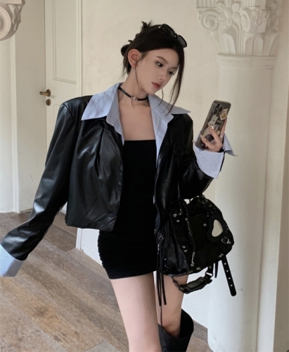 Actual shot of designer niche short fake two-piece spliced ​​striped shirt PU leather small suit jacket leather jacket
