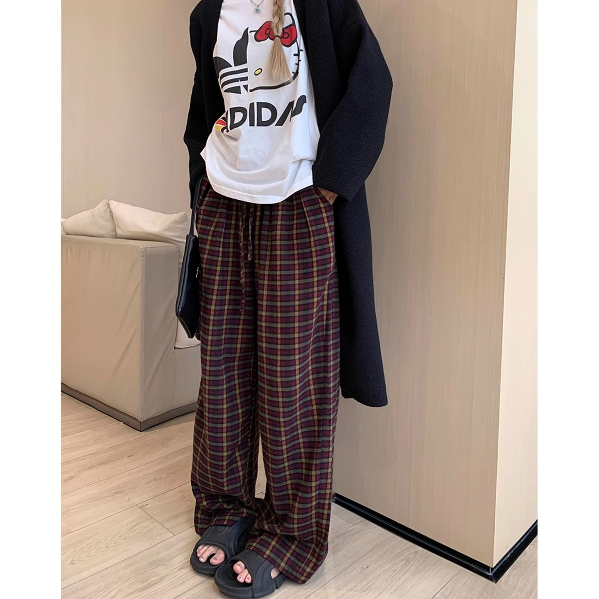 Brushed Plaid Wide Leg Pants Women's Autumn Korean Style 2023 New High Waist Slimming Elastic Waist Casual Floor-Mopping Pants Trousers