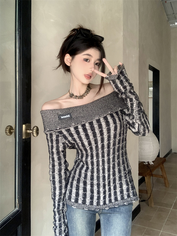 實拍！圍脖一字領氣質修身顯瘦高級感露肩針織毛衣女上衣