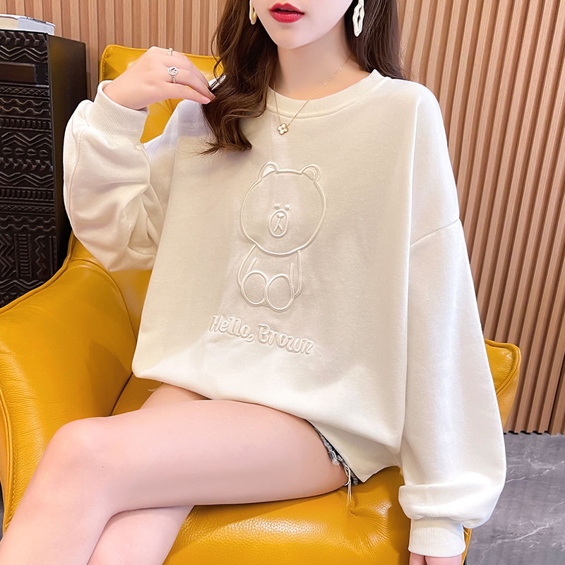 Real shot-75 polyester/25 cotton 2023 new autumn cartoon embroidery loose round neck thin sweatshirt for women