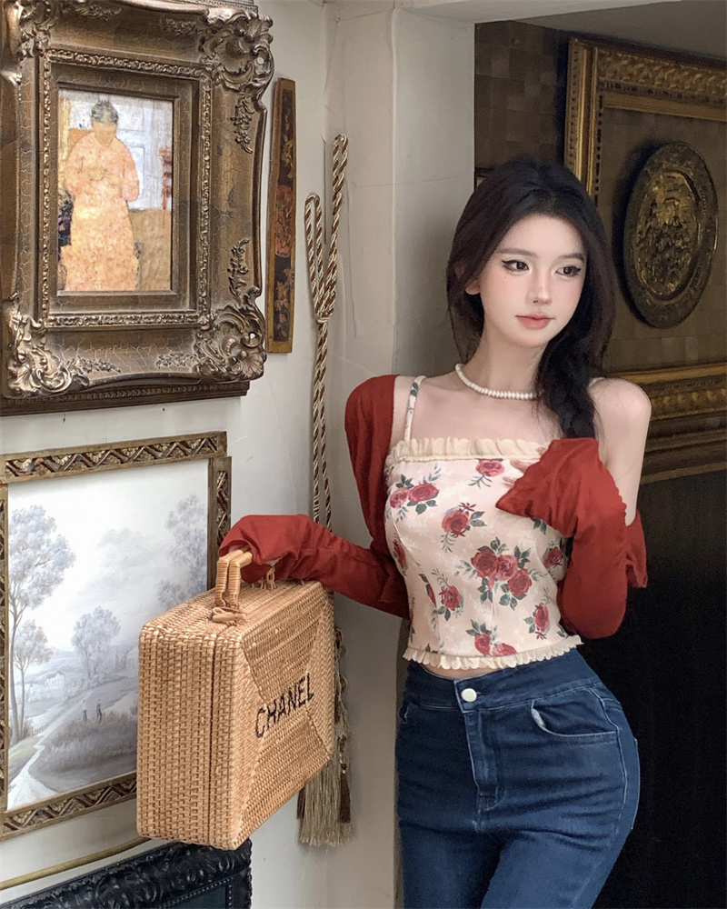 實拍 法式溫柔復古碎花吊帶+紅色小披肩減齡兩件套女