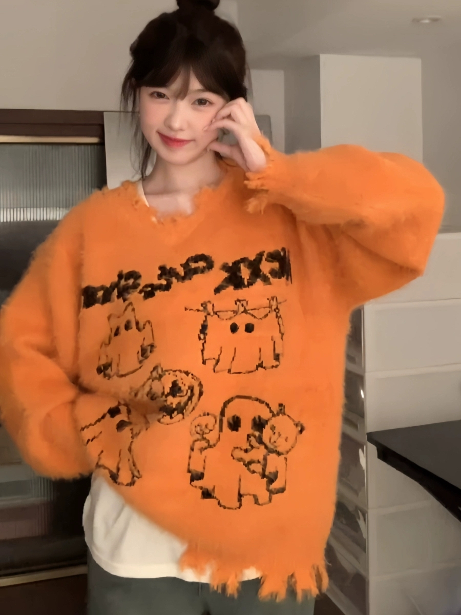 慵懶風軟糯獨特V領毛衣女2023秋冬新款顯白破邊下擺套頭針織衫
