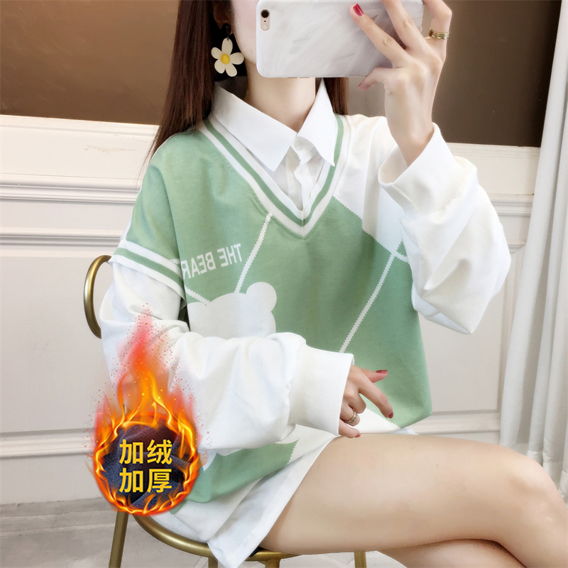 實拍65魚鱗後包領假兩件V領衛衣女加絨加厚學生裝大碼休閒寬鬆