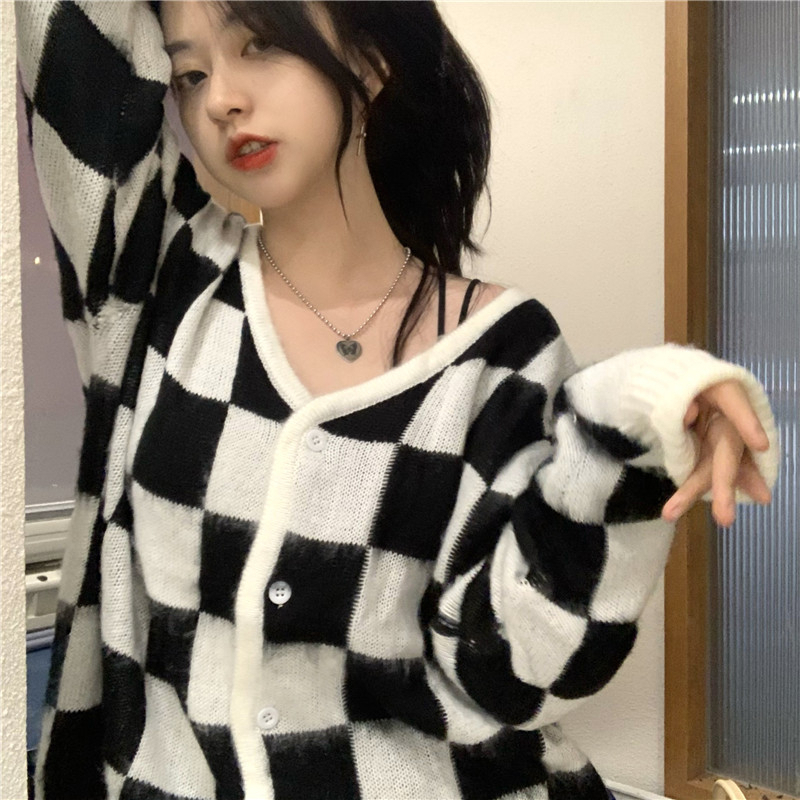 黑白格子毛衣女寬鬆外穿V領開衫外套2023新款秋冬慵懶風針織上衣