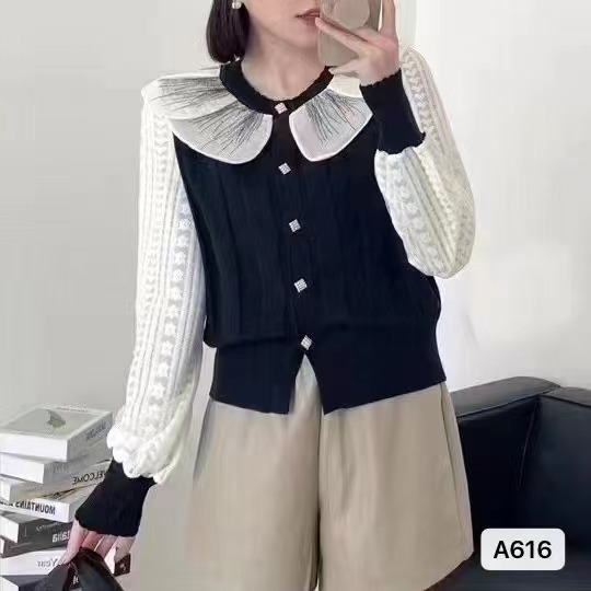 2023秋季新款韓版設計感別致娃娃領金屬排扣拼接網紗袖上衣女