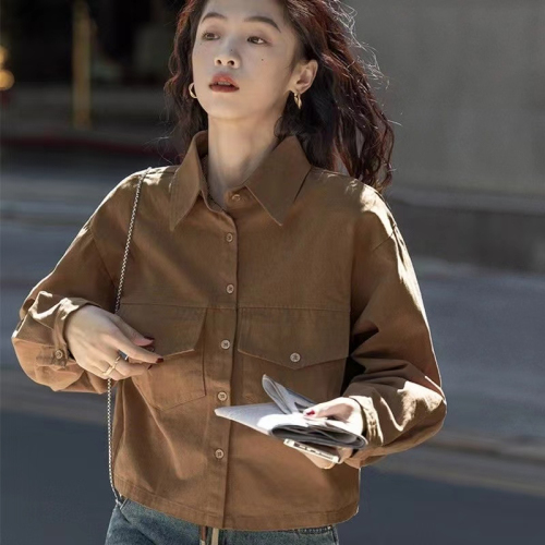 Ji sense niche short coat retro long-sleeved shirt 2023 spring and autumn simple solid color short short shirt for women