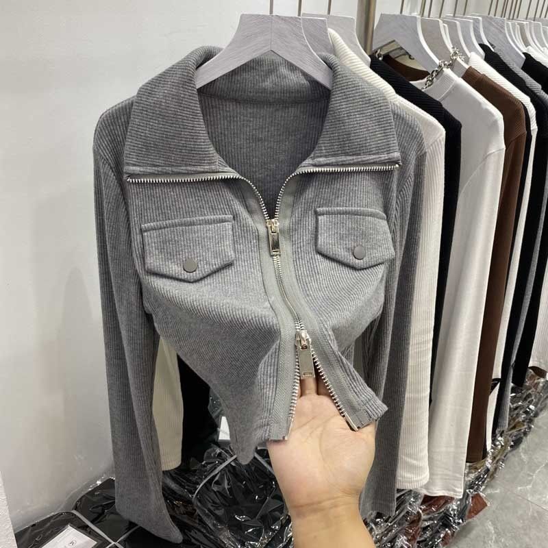 Double zipper long-sleeved T-shirt women's autumn temperament Korean style new slim fit casual fashion bottoming POLO shirt