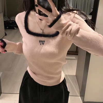 2toyoung街頭甜心 方領白色打底衫女冬季針織高級感軟糯內搭上衣