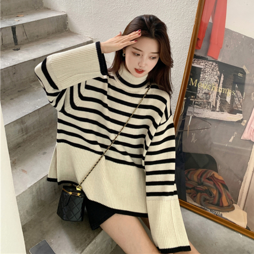 Turtleneck striped sweater autumn and winter  new loose side slit inner sweater long-sleeved top for women