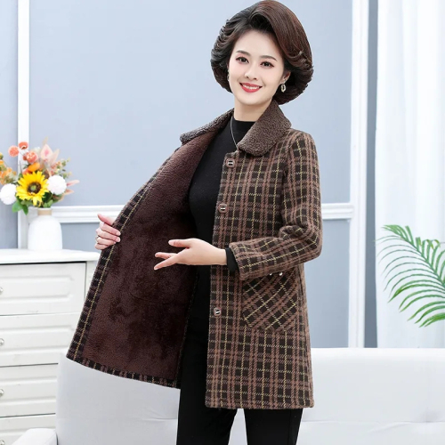 Composite autumn and winter velvet thickened mid-length cotton coat for women imitation sherpa Korean style popular print