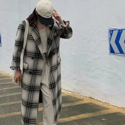 2023 Autumn and Winter New High-end Korean Tartan Coat Women's Extra Long Loose Casual Jacket