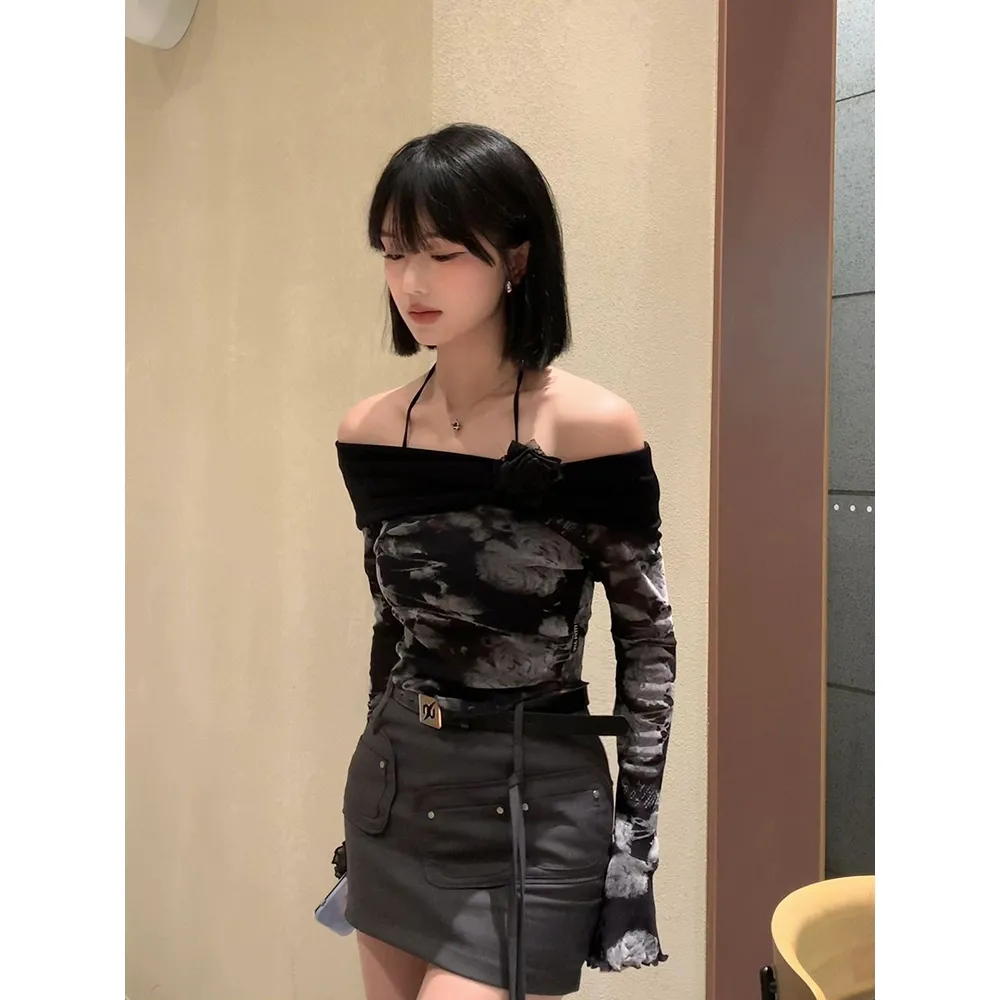 黑色假兩件一字肩辣妹網紗辣妹上衣