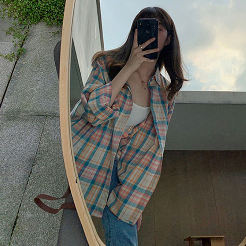 Not real shot plaid shirt for women spring and autumn new loose Hong Kong style retro outerwear long-sleeved tops and jackets trendy