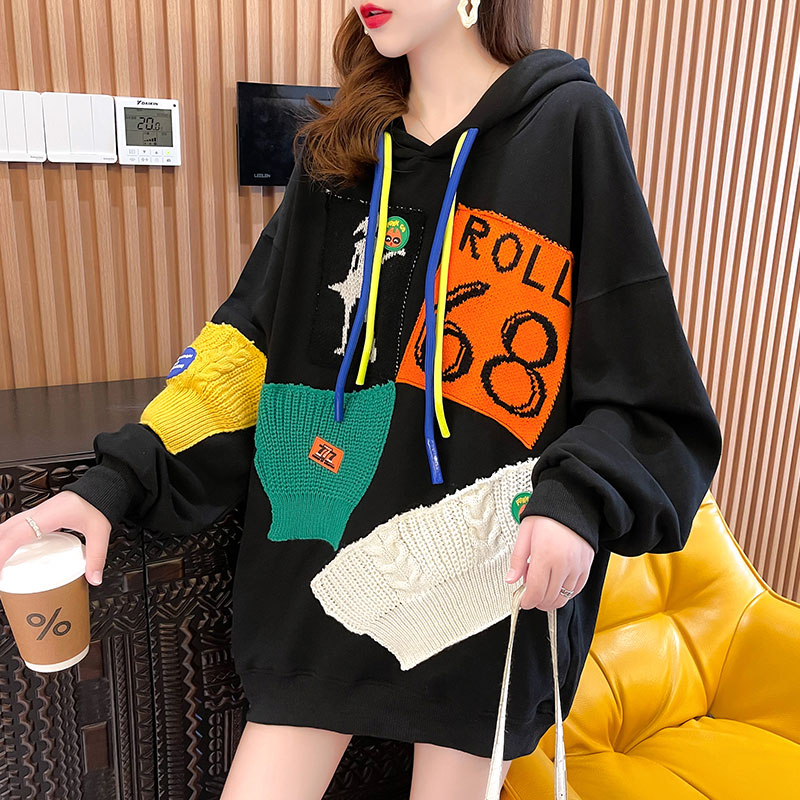 #realshot-75 polyester/25 cotton autumn new Korean style loose color matching thin hooded sweatshirt for women