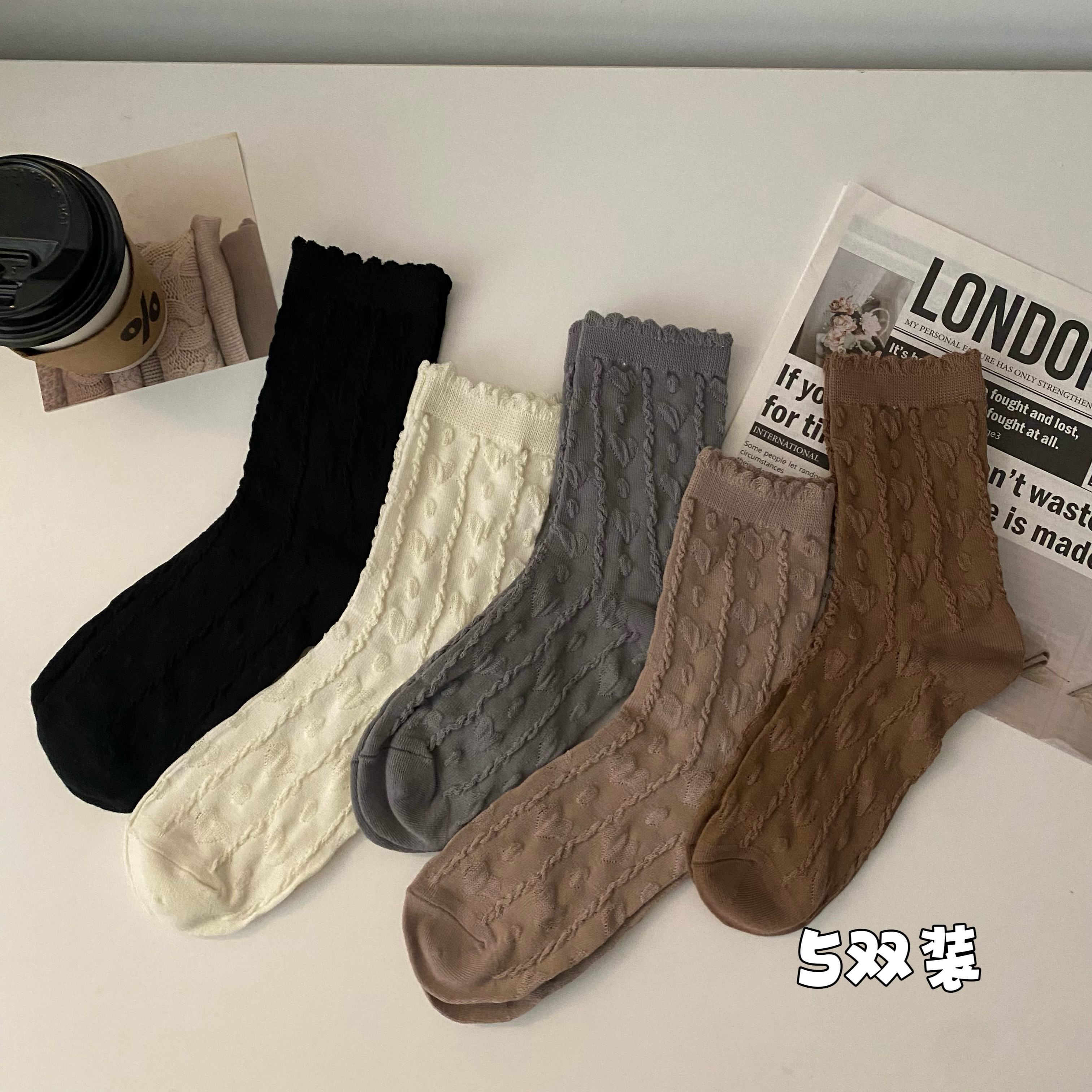 Real shots of autumn and winter solid color versatile socks for women mid-calf socks pile socks long socks women's socks pure cotton 5 pairs