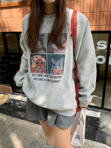 Official picture Korean style design cat print sweatshirt for women in autumn loose, simple and versatile long-sleeved round neck