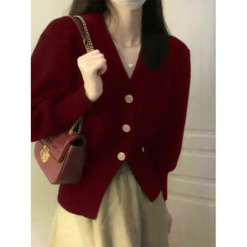  Korean style burgundy sweater jacket for women retro niche V-neck knitted cardigan top