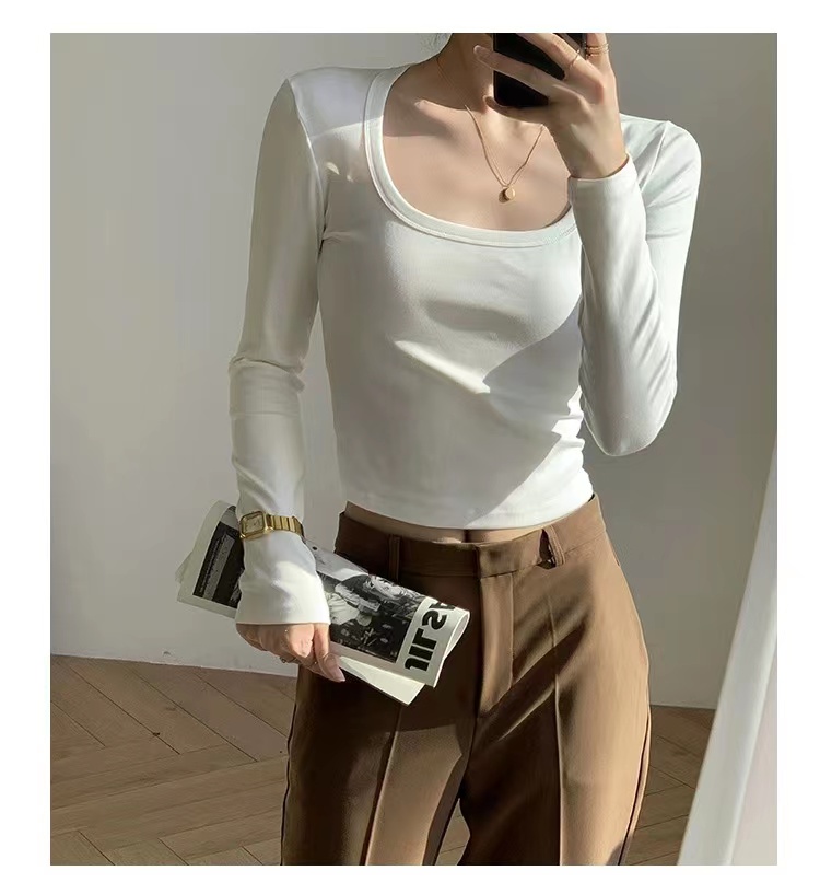 白色方領長袖t恤女2023秋季新款正肩修身內搭打底衫短款低領上衣