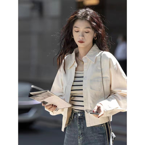 Ji sense niche short coat retro long-sleeved shirt 2023 spring and autumn simple solid color short short shirt for women