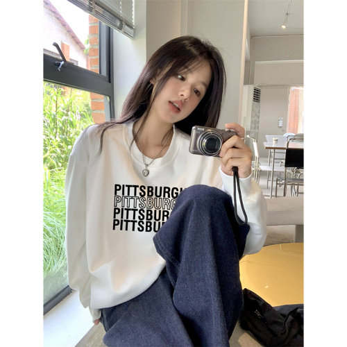 Official picture of early autumn new pure cotton round neck pullover long sleeve letter casual high quality thin round neck sweatshirt for women