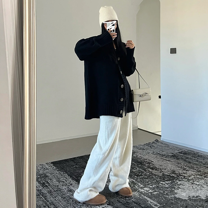 高級感慵懶風軟糯黑色針織開衫毛衣外套女秋冬季2023新款寬鬆上衣