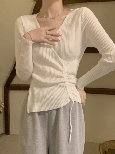 Real shot of core-spun yarn cross knitted sweater for women, fashionable western style button long-sleeved top base sweater