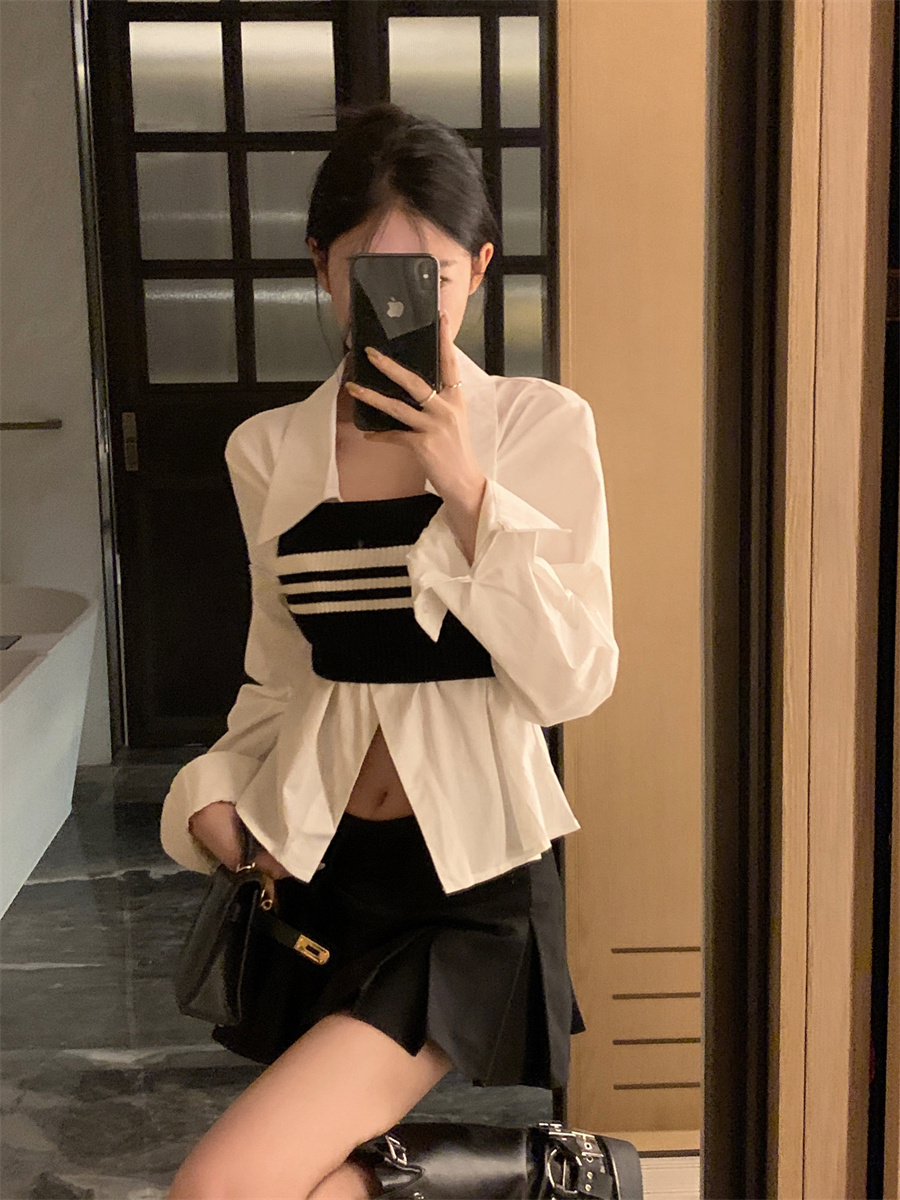 實拍 通勒風韓國東大門襯衣拼接設計感開叉百搭上衣女