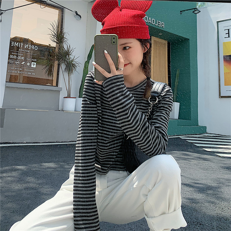 Real shot of 6535 cotton striped solid color short long-sleeved T-shirt for small women