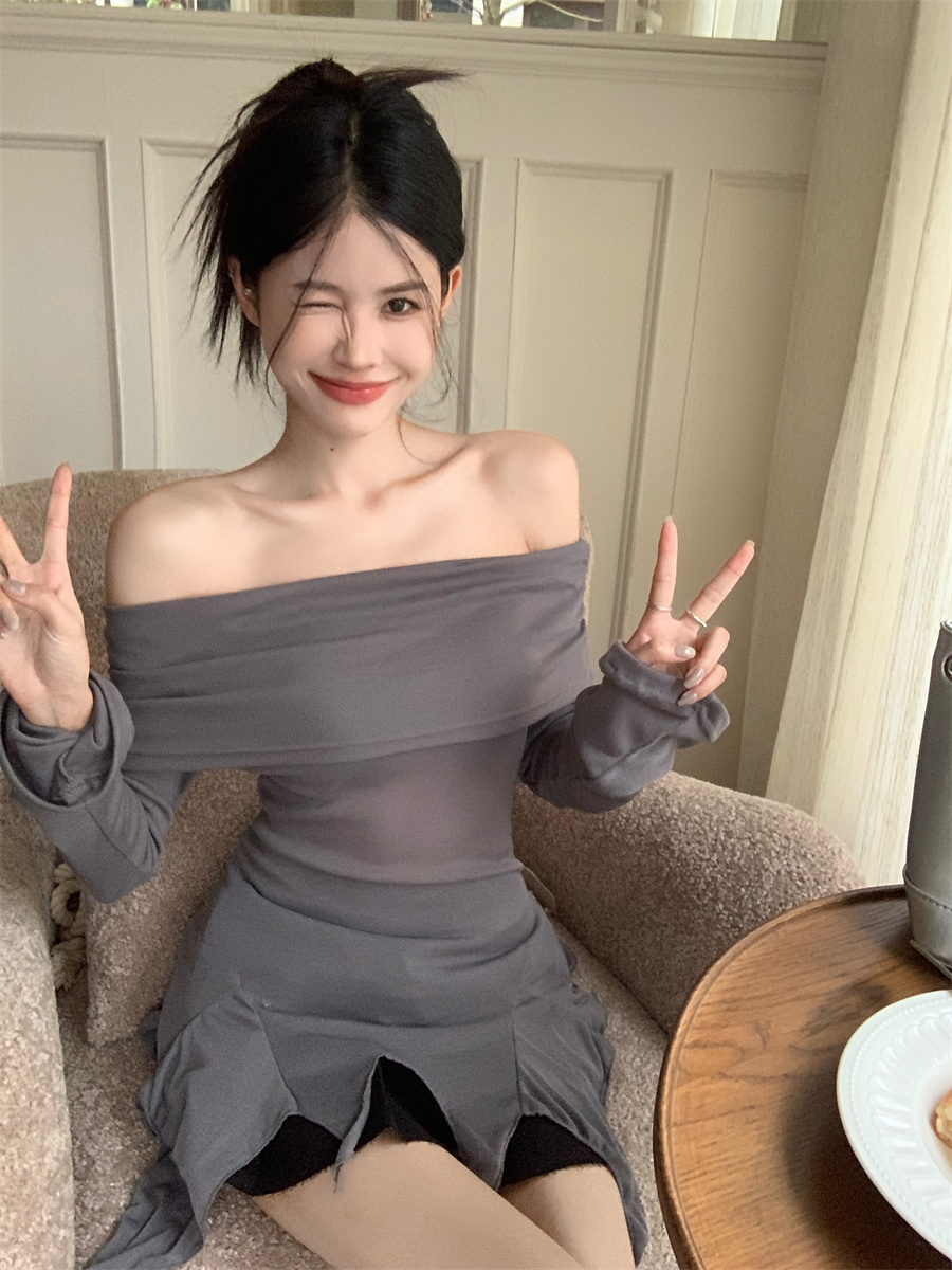 實拍 復古不規則下擺設計一字肩修身辣妹長袖上衣女