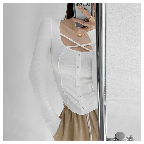 Back-stitched front cross-tie bottoming shirt for women single-breasted long-sleeved T-shirt hot girl top