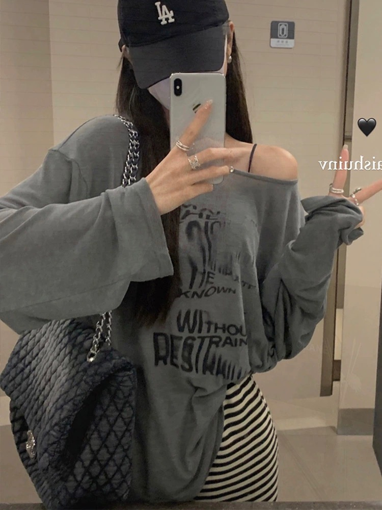 慵懶風寬鬆印花長袖T恤女夏季中長款薄款背心外搭防曬衫灰色上衣