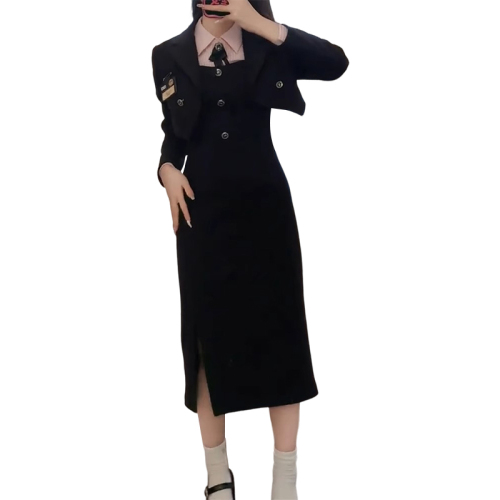 高级感黑色吊带连衣裙子套装女2023早秋季新款茶系穿搭一整套长裙