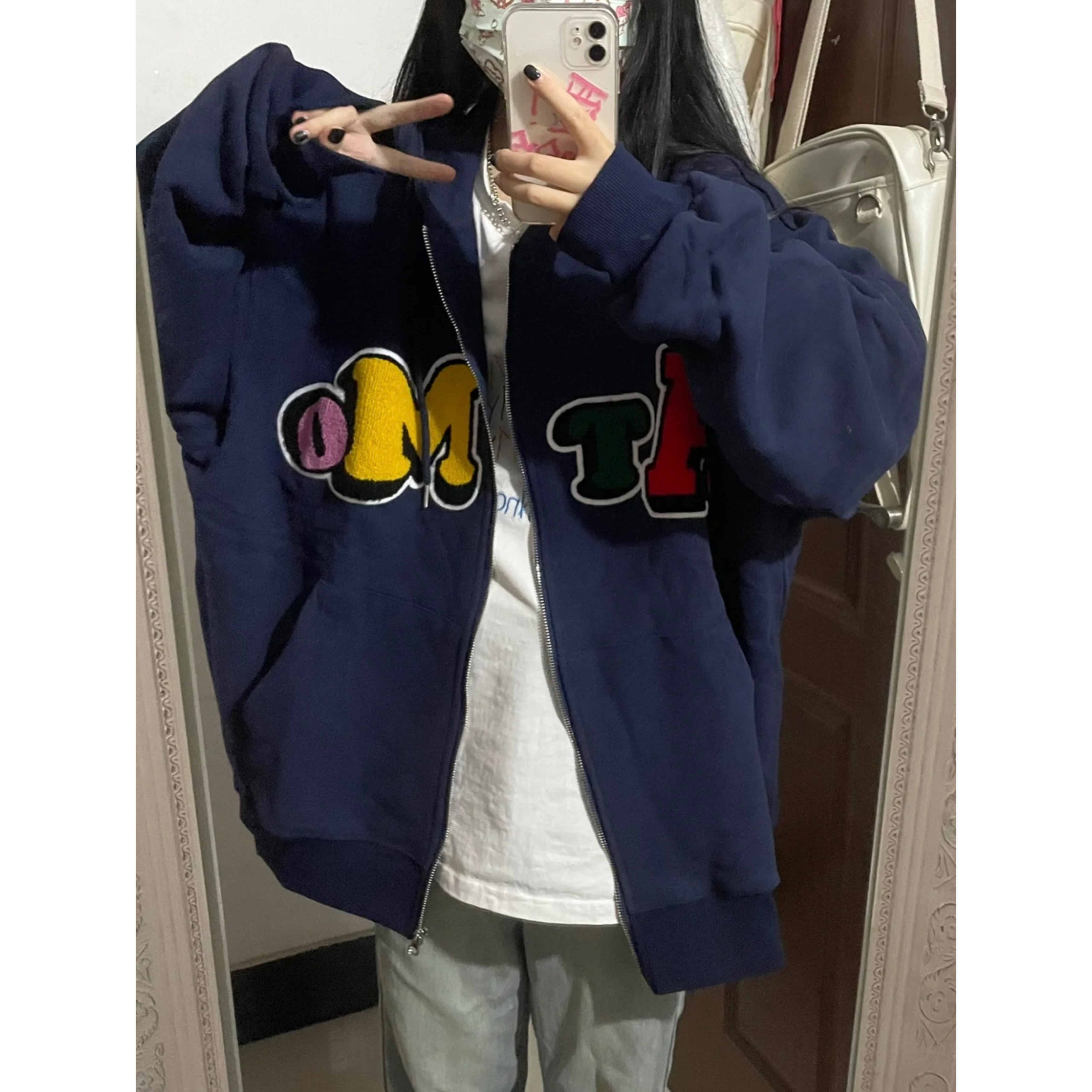大魚鱗 雙層帽 彩虹衛衣女連帽開衫oversize