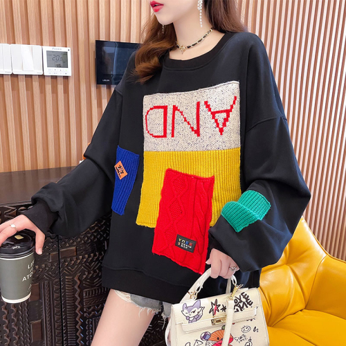 Actual shot of 75 polyester/25 cotton Korean style loose mid-length color-blocked round neck thin sweatshirt for women