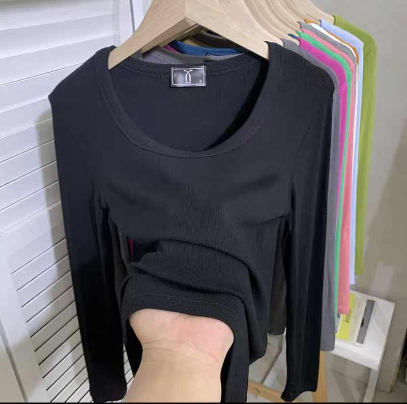 Large collar solid color U-neck stretch knitted threaded long-sleeved bottoming shirt T-shirt women's slim slim low-neck inner top