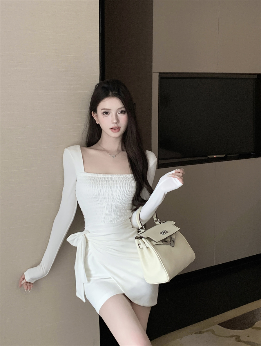實拍 不規則系帶包臀方領修身顯瘦辣妹長袖連衣裙女