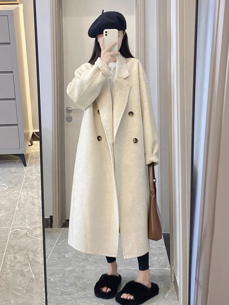 2023 Autumn and Winter New Hepburn Style Woolen Coat Women's Mid-Length Korean Style Loose High-Quality Woolen Coat