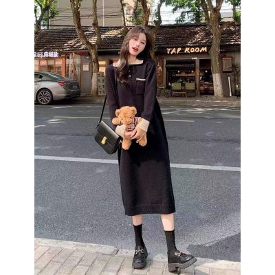 New autumn and winter POLO collar mid-length knitted dress, feminine straight-leg casual Korean style college style sweater dress